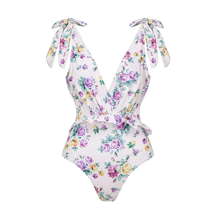 Flaxmaker Bowknot Tie-shoulder Printed One Piece Swimsuit and Sarong