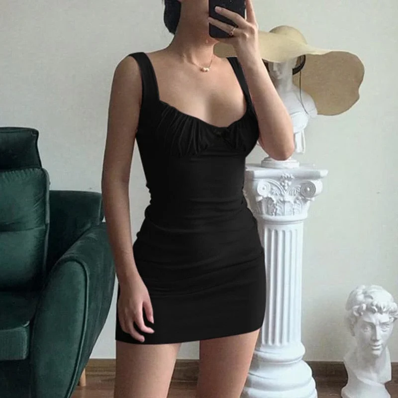WannaThis White Short Dresses Women Skinny V-Neck Sleeveless Sexy Ruched Elastic Bodycon Fashion Summer MIni Dresses Solid Color
