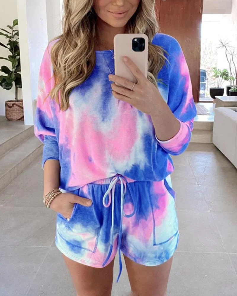 hirigin New Tie Dye Colorful 2Pieces Sets Women Tracksuits Casual Long Sleeve Pullovers Lace Up Shorts with Pockets Outfits