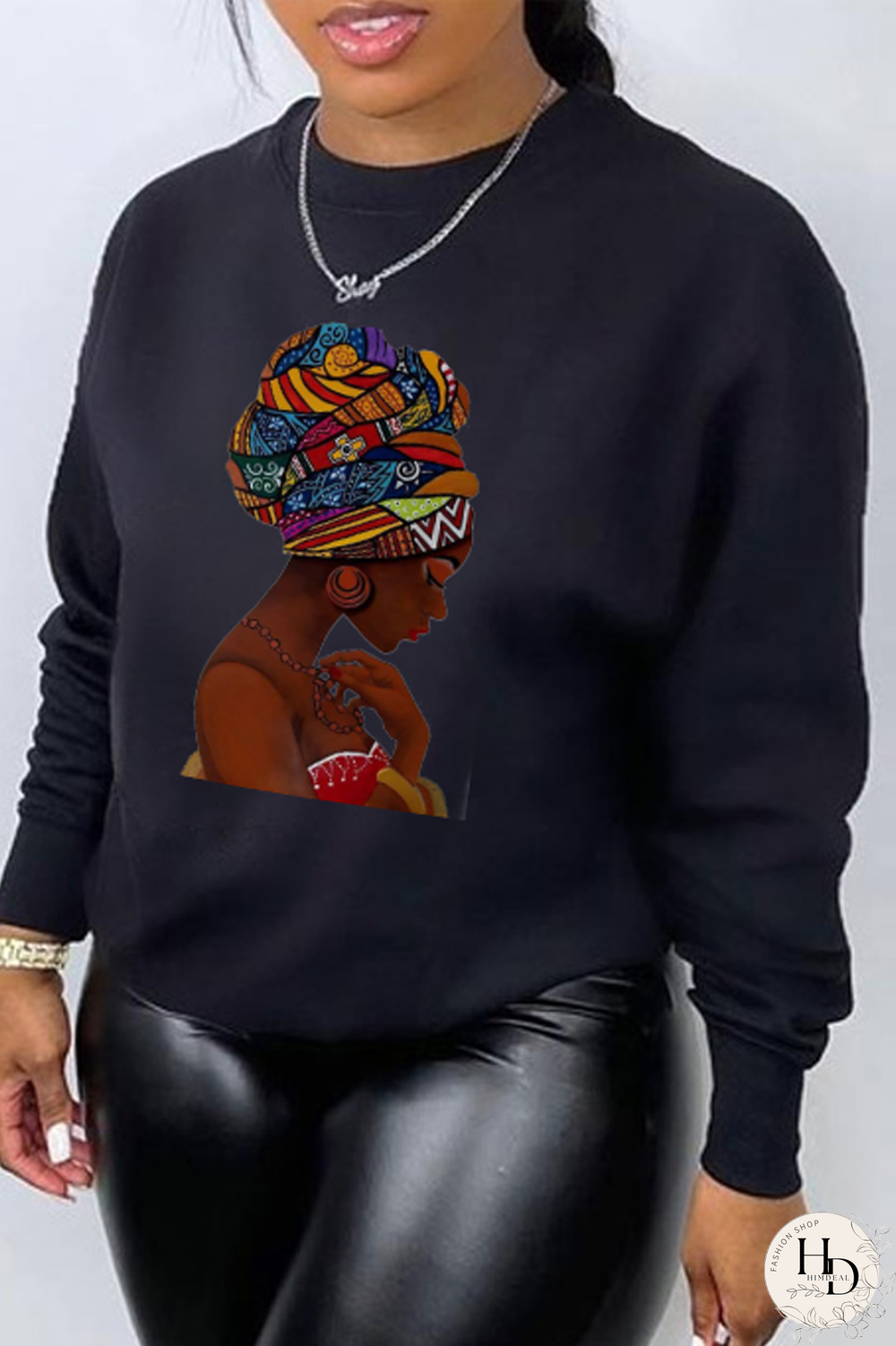 Black Fashion Casual Print Split Joint O Neck Tops