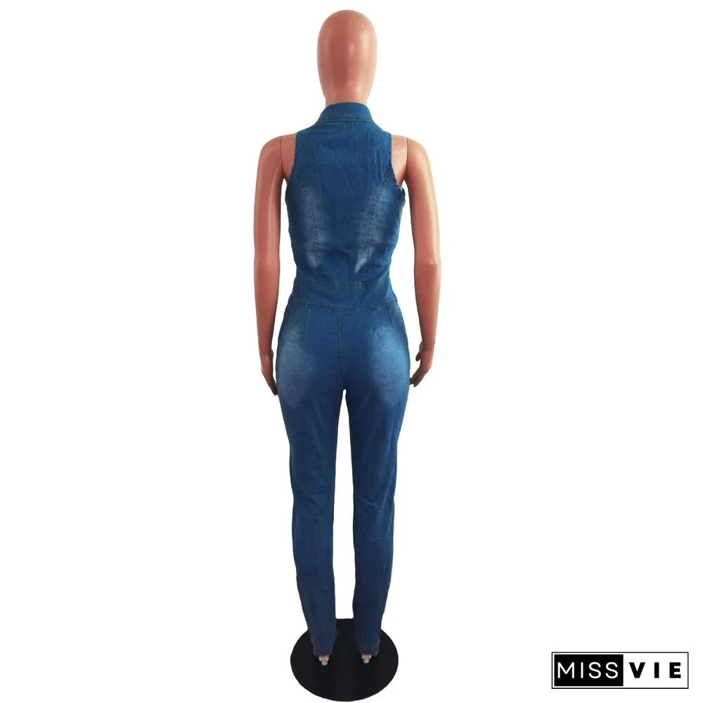 Plus Size Sexy Women Sleeveless Hollow Out Bodycon Turn Down Collar Button Ripped Jeans Denim Jumpsuit