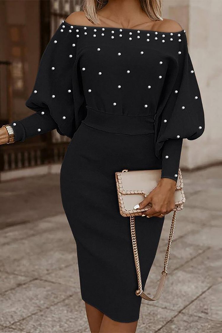 Xpluswear Plus Size Black Casual Off Shoulder Pearl Puff Sleeve Midi Dress