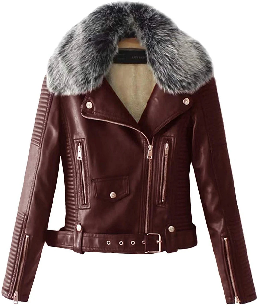Women's Faux Fur Collar Pu Leather Fleece Lined Warm Quilted Moto Jacket