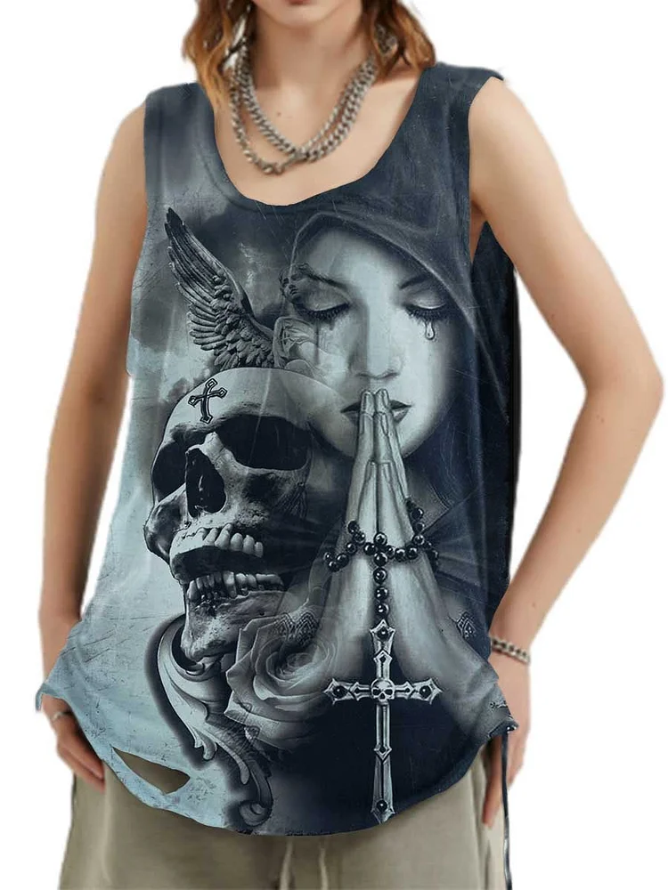 Unisex Rock Punk Skull Art Pattern Print Loose Tank Top