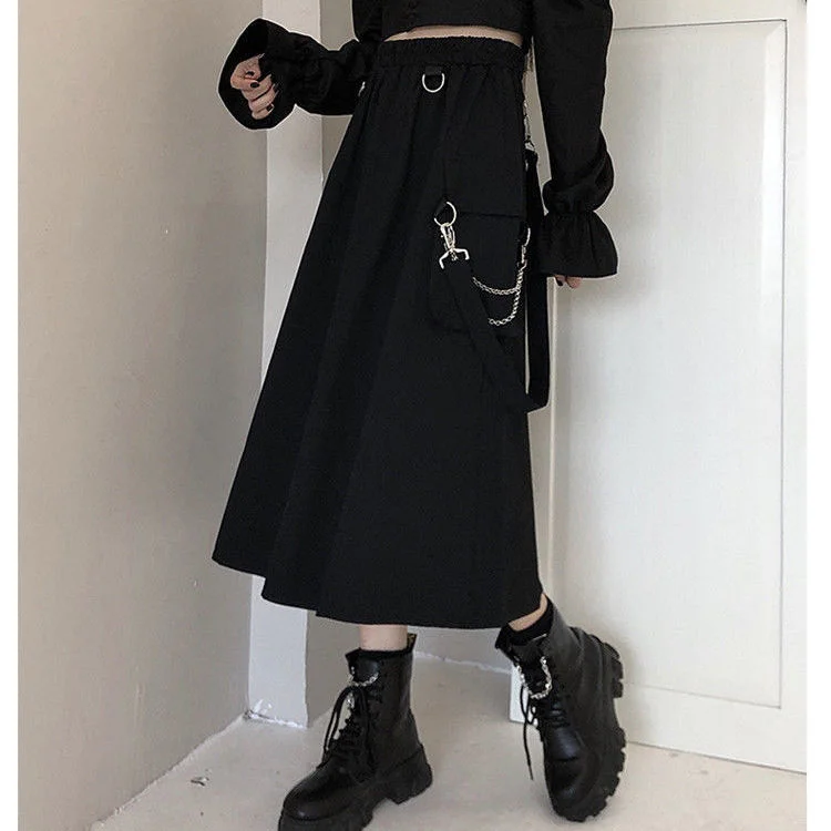 HOUZHOU Gothic Long Skirt Techwear Women Grunge Punk High Waist Chain Pocket Strap Black Cargo Skirt Goth Harajuku Streetwear