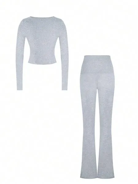 Elegant Casual V-Neck Long Sleeve Two-Piece Set, Slim-Fit Crop Top & Pants for Fall Winter, Moderate Fabric, Plain Color Design