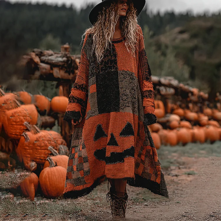 Vintage Halloween Pumpkin Face Patchwork Art Linen Long Sleeve Maxi Dress