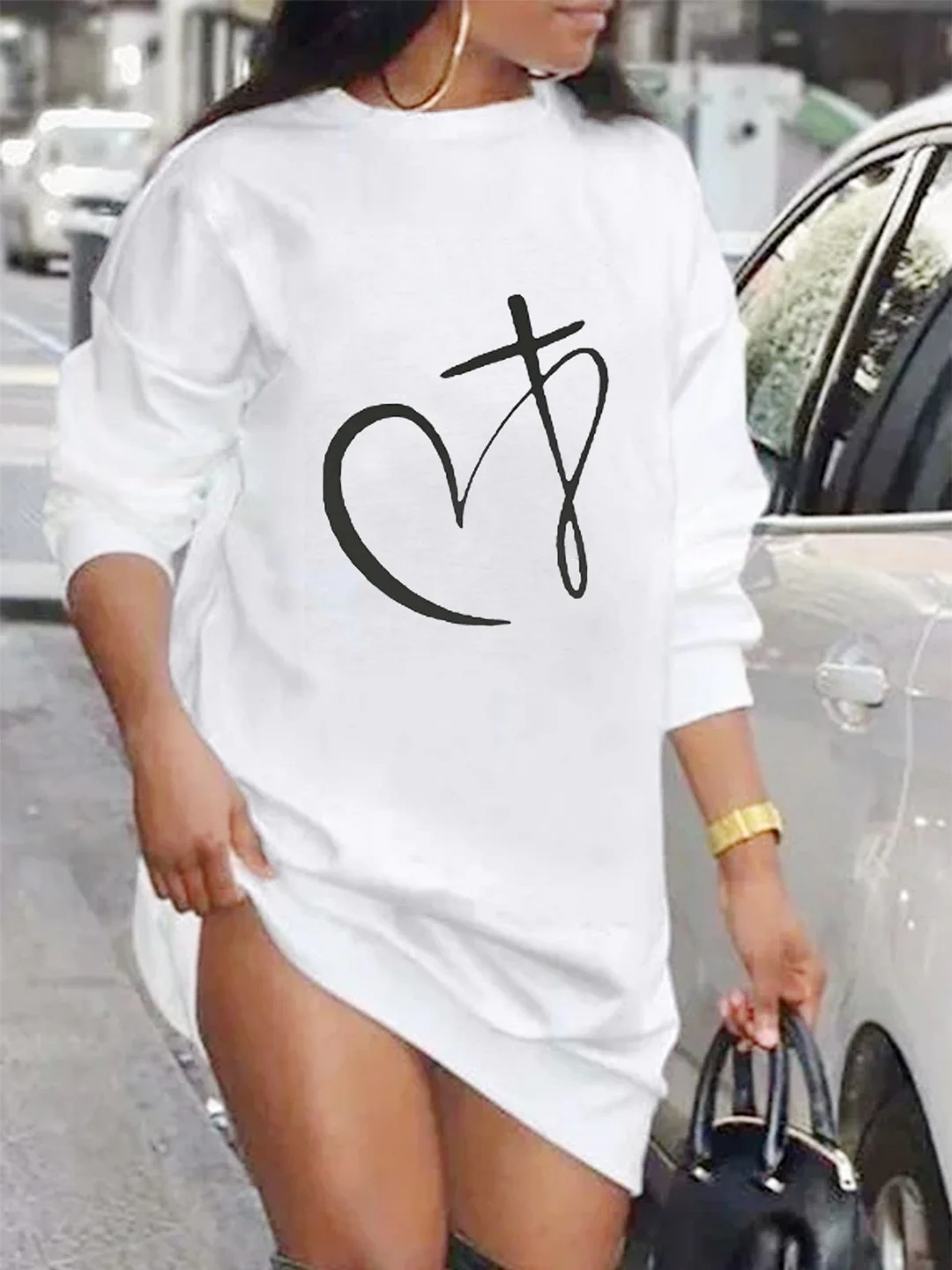 Heart Long Sleeve Crew Neck Plus Size Casual Sweatshirt Dresses