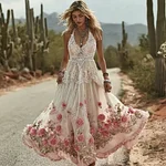 Vintage Boho Pink Roses Lace Patchwork Linen Cami Maxi Dress - Image 2