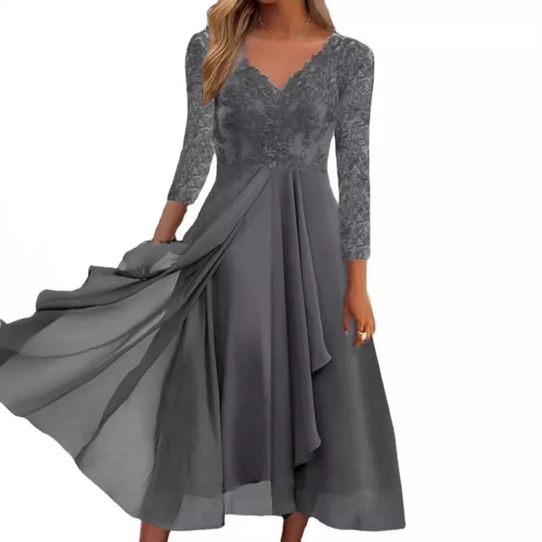 Brownm Brownm And Winter Long-Sleeved Chiffon Dress Splicing V-Neck Lace Hollow-Out Bridesmaid Evening Dress