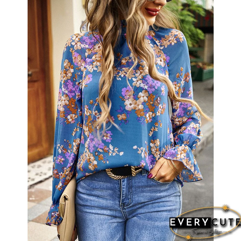 Blue Floral Print Chiffon Long Sleeve Blouse