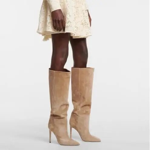 VCSHOES Hot Woman Light Grey Khaki Apricot Suede Pleased Pile Up Knee High Boots Female Pointed Toe Thin Heels Tube Long Boots