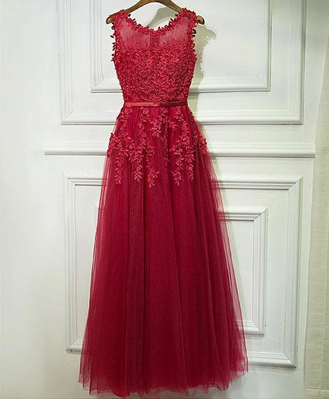Burgundy Lace Tulle Long A Line Prom Dress, Burgundy Evening Dress