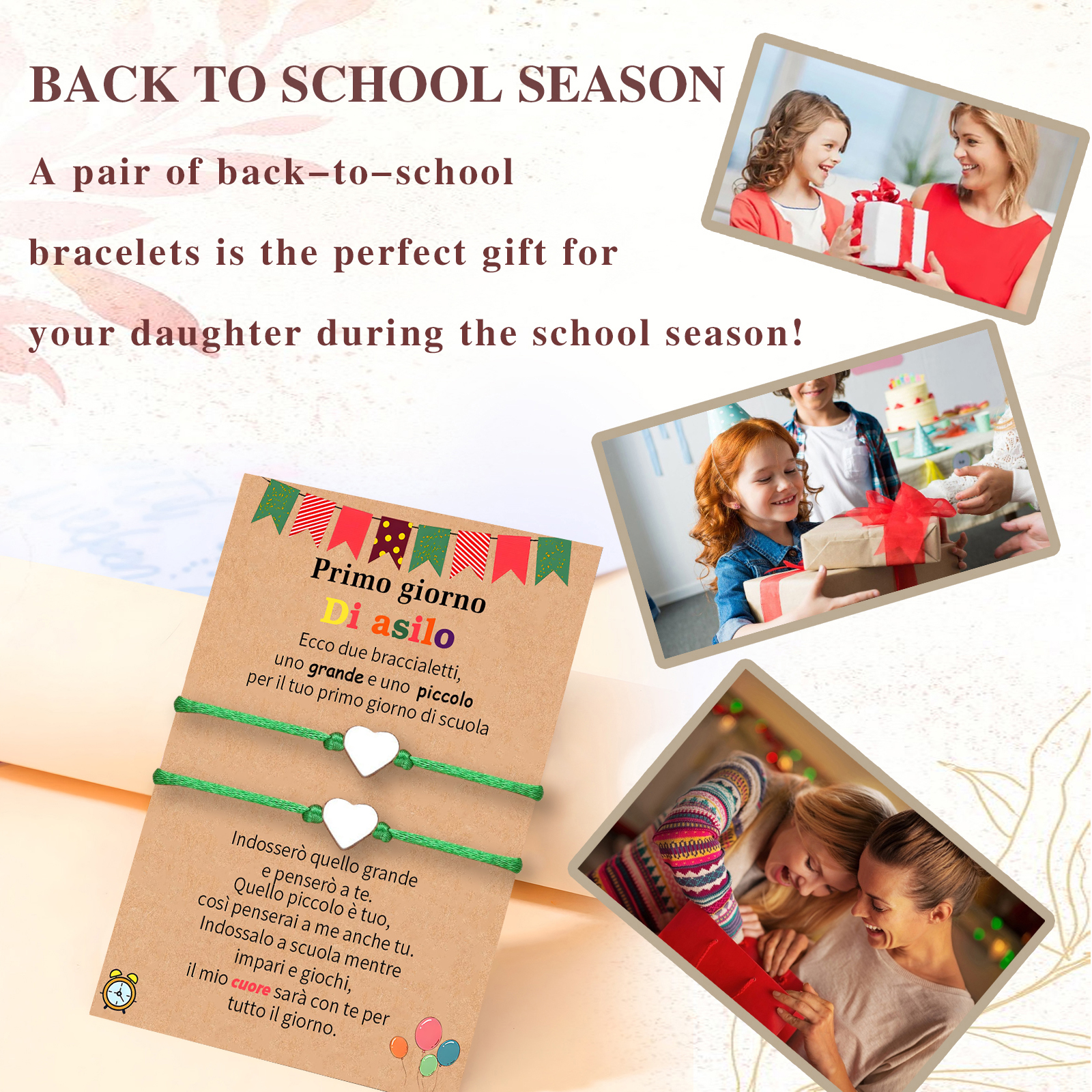 2PCS Braccialetto cuore regorabile regalo per bambina con carta