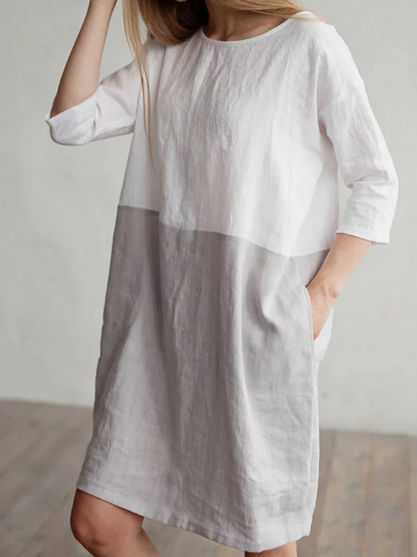 Loose Solid Color Three-Quarter Sleeve Cotton And Linen Stitching Dress