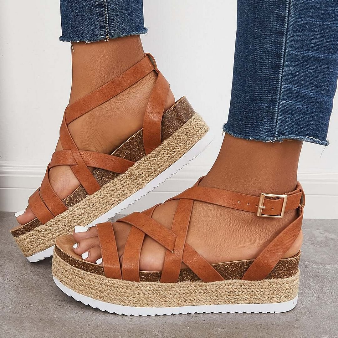Susiecloths Criss Cross Espadrilles Platform Wedges Ankle Strap Sandals