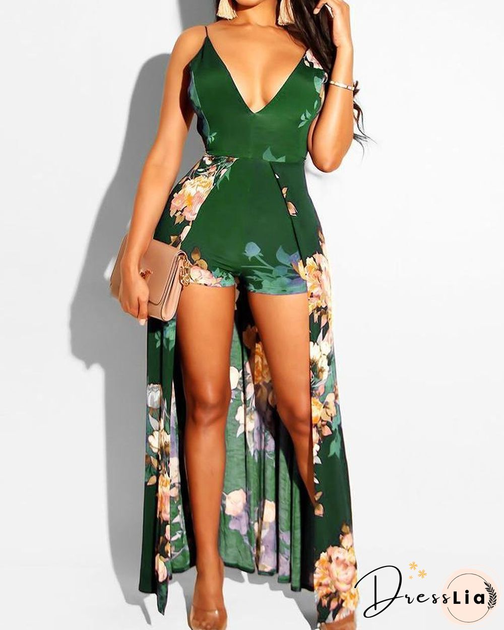 Floral Print Deep V-neck Romper Maxi Dress P11847