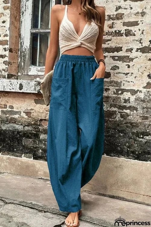 Resort Casual Elastic Waist Loose Trousers