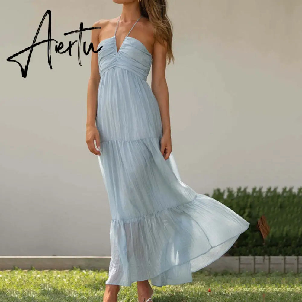 Backless Sexy Summer Dress for Women Off Shoulder Halter Long Dress Green V Neck Holiday Beach Sundress Party Boho Dress Aiertu