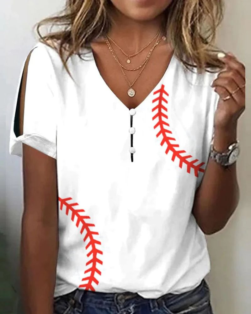 White V Neck Baseball Short Sleeve