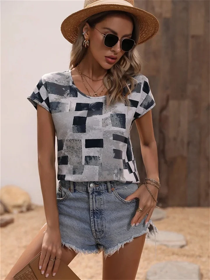 Women's summer new fashion geometric print round neck inserted shoulder sleeve loose casual shirt temperament elegant tops female | 168DEAL