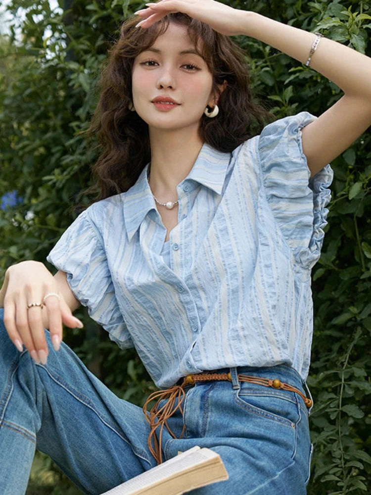 Aiertu Blue Striped Fairycore Blouse Women Puff Short Sleeve Shirts Feminina Casual Sweet Korean Fashion Chic Tops Summer New Aiertu