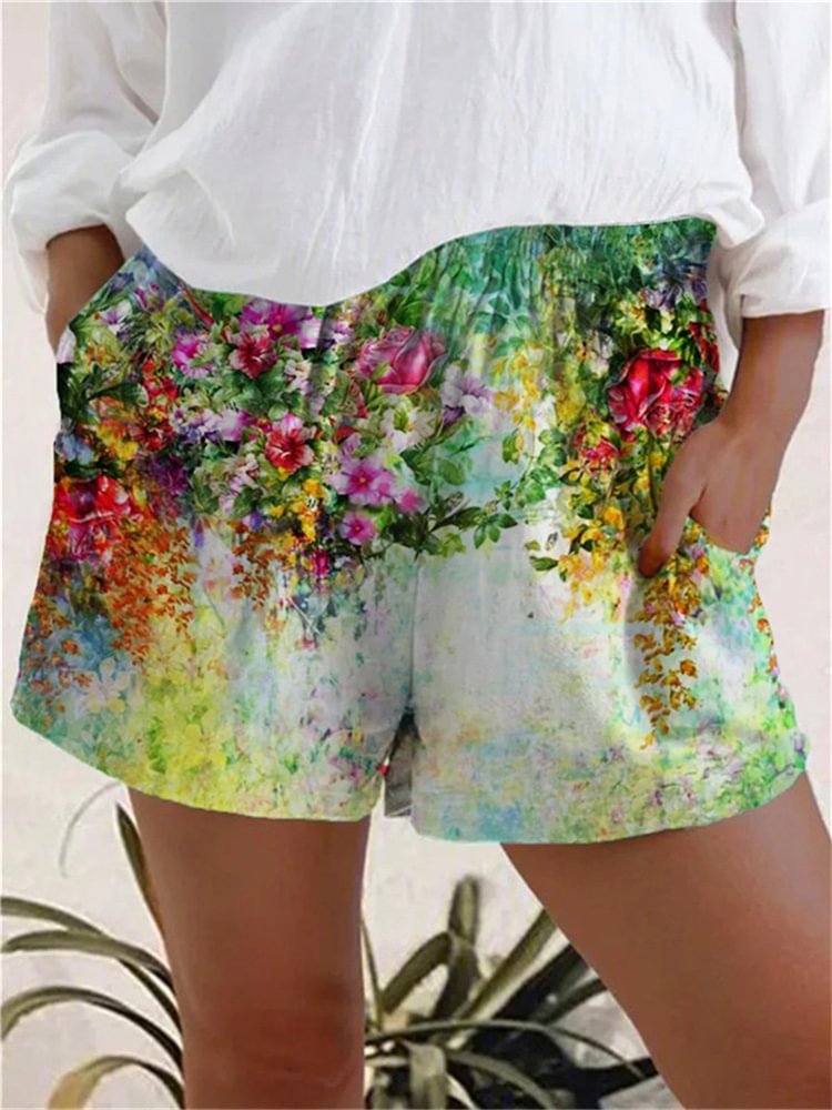 Floral Art Print Comfy Pleated Shorts