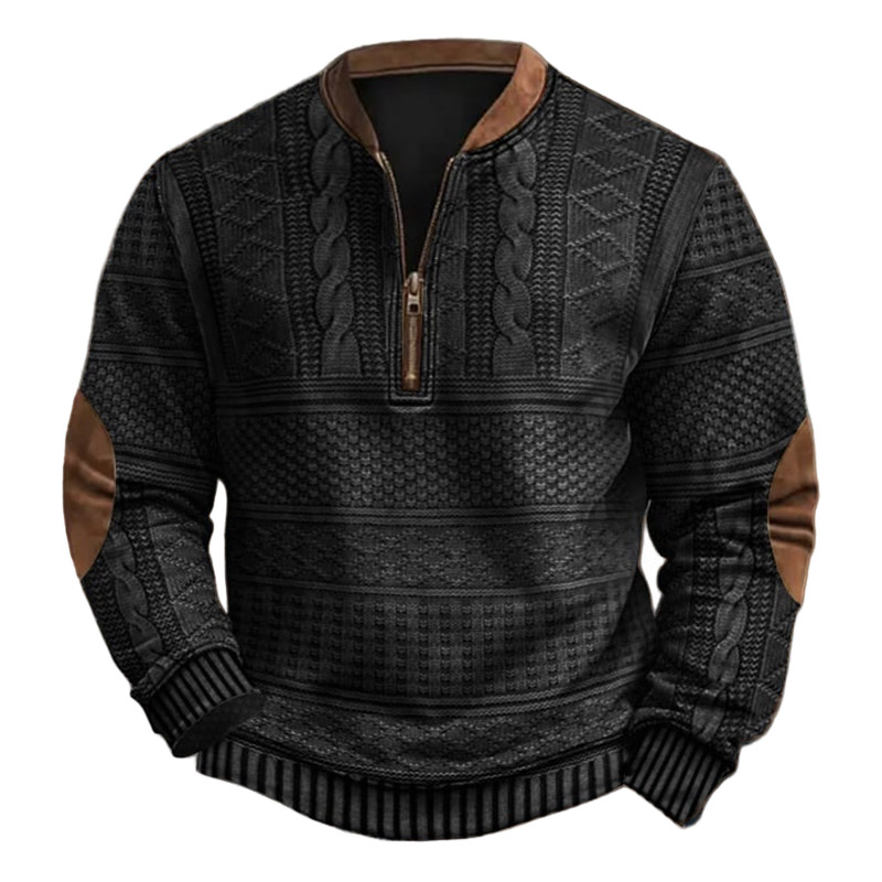 Men's Vintage 3D Print Knit Color Block Henley Zipper Long Sleeve Sweatshirt