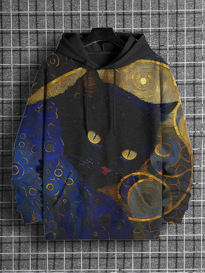 Men's Gustav Klimt Black Cat Print Casual Hoodie