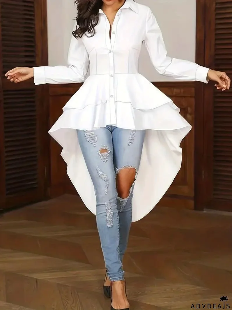 White Button Front Lapel High-low Dress by Ruffles