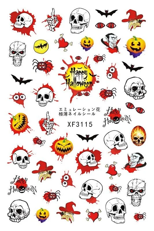 Nail Stickers Back Glue Halloween Skull Pumpkin Bat Creative Designs Nail Decal Decoration Tips For Beauty Salons-Nail Inspo