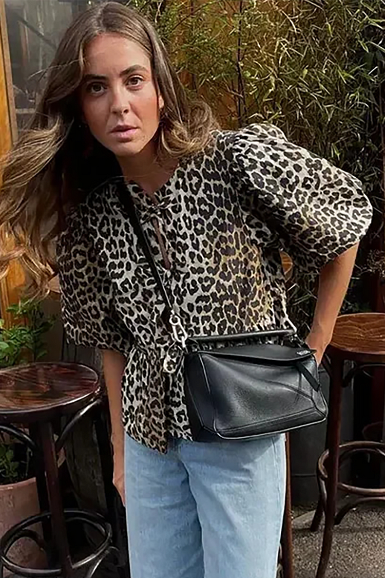 Leopard Print Puff Sleeve Front Tie Up Blouse-Brown