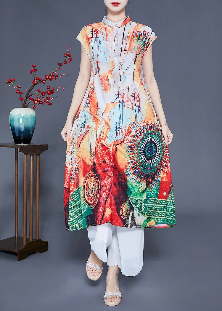 Casual Beige Print Slim Fit Silk Long Dress Summer
