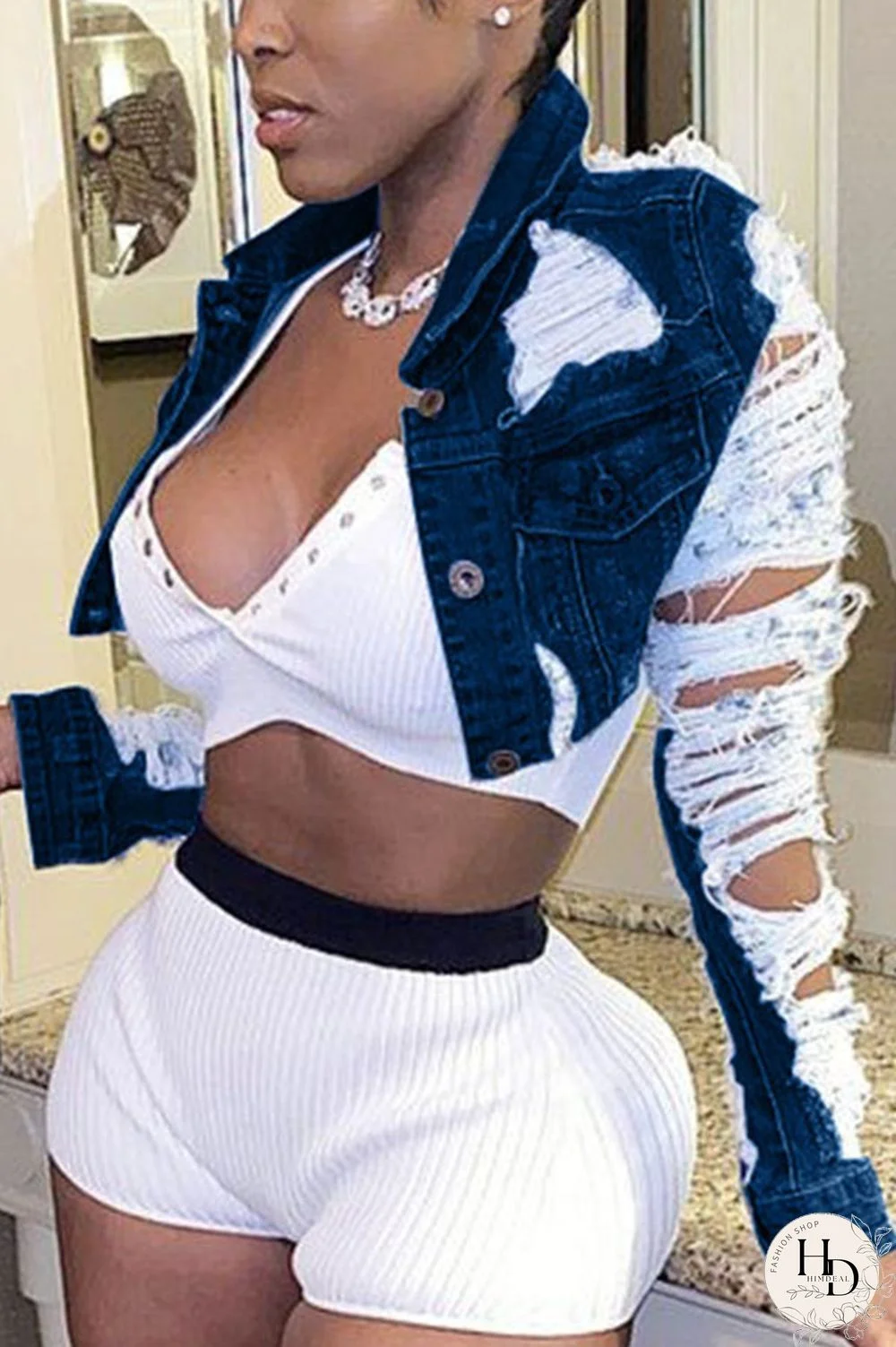 Dark Blue Broken Holes Buttoms Design Denim