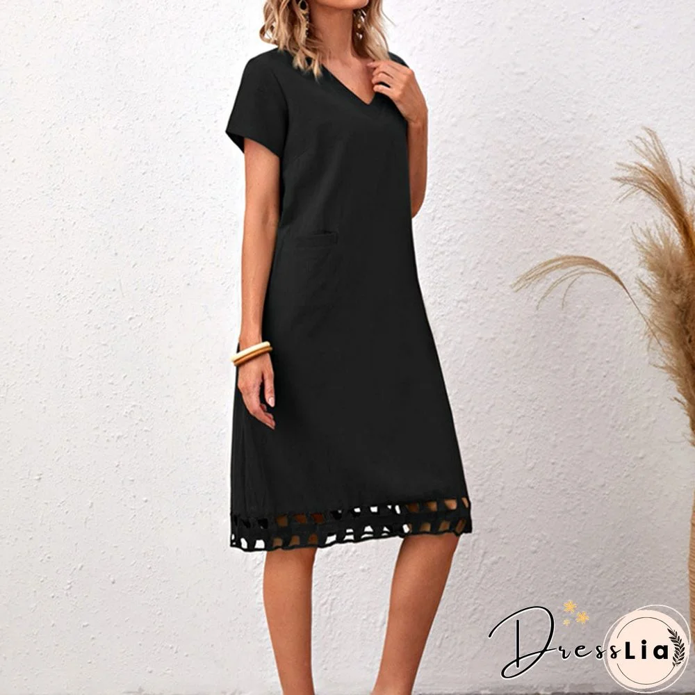 Fashionable And Versatile V-neck Short Sleeve Slim Solid Cotton Linen Dress