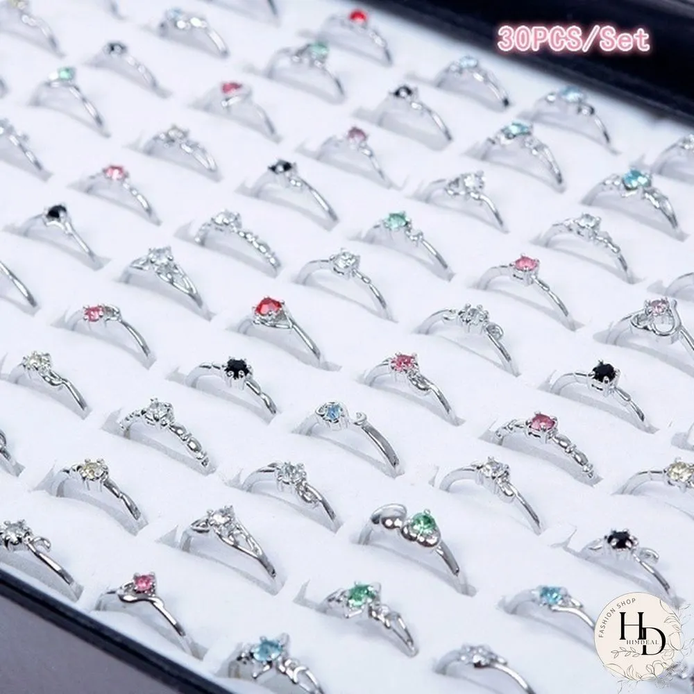 30pcs/Set Woman Wholesale Lots Rhinestone Assorted Silver Plated Ring