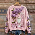 Lovely Cat Flowers Art Cozy Fuzzy Knit Sweater - Image 2