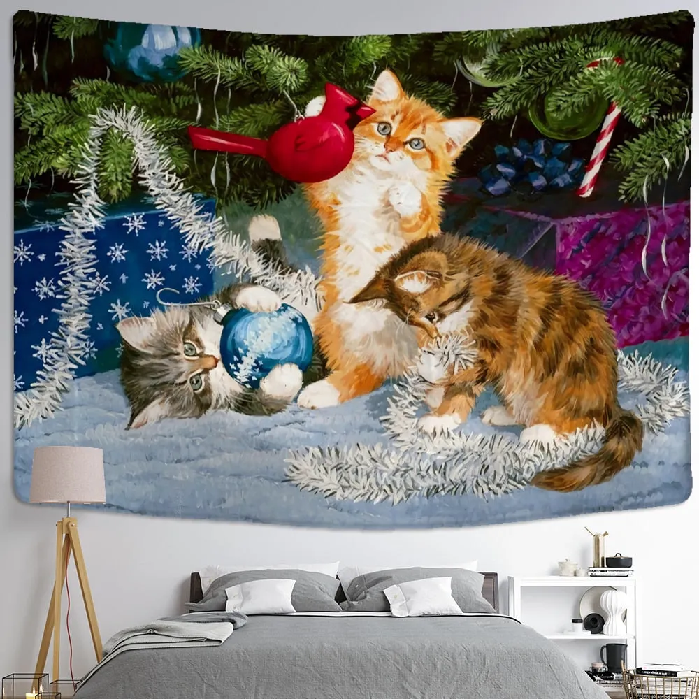 Christmas Kitten Snowman Tapestry Wall Hanging Anime Cute Illustration Children New Year Gift Home Decor