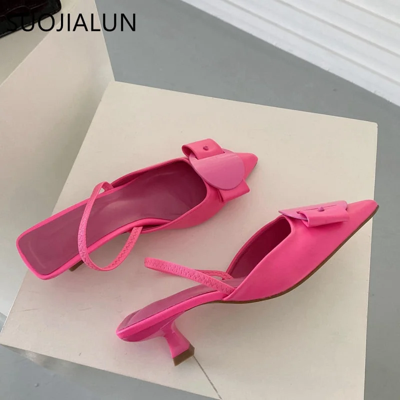 SUOJIALUN 2022 Spring Women Slingback Sandals Fashion Bow-knot Buckle Ladies Pumps Shoes Thin Low Heel Pointed Toe Slip On Mules