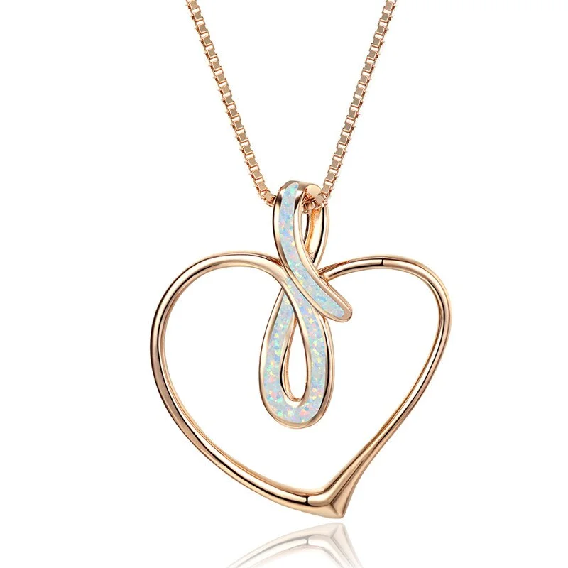 Boho Female Love Heart Pendant Necklace Rose Gold Silver Color Chain Necklace Charm White Blue Opal Infinity Necklaces For Women