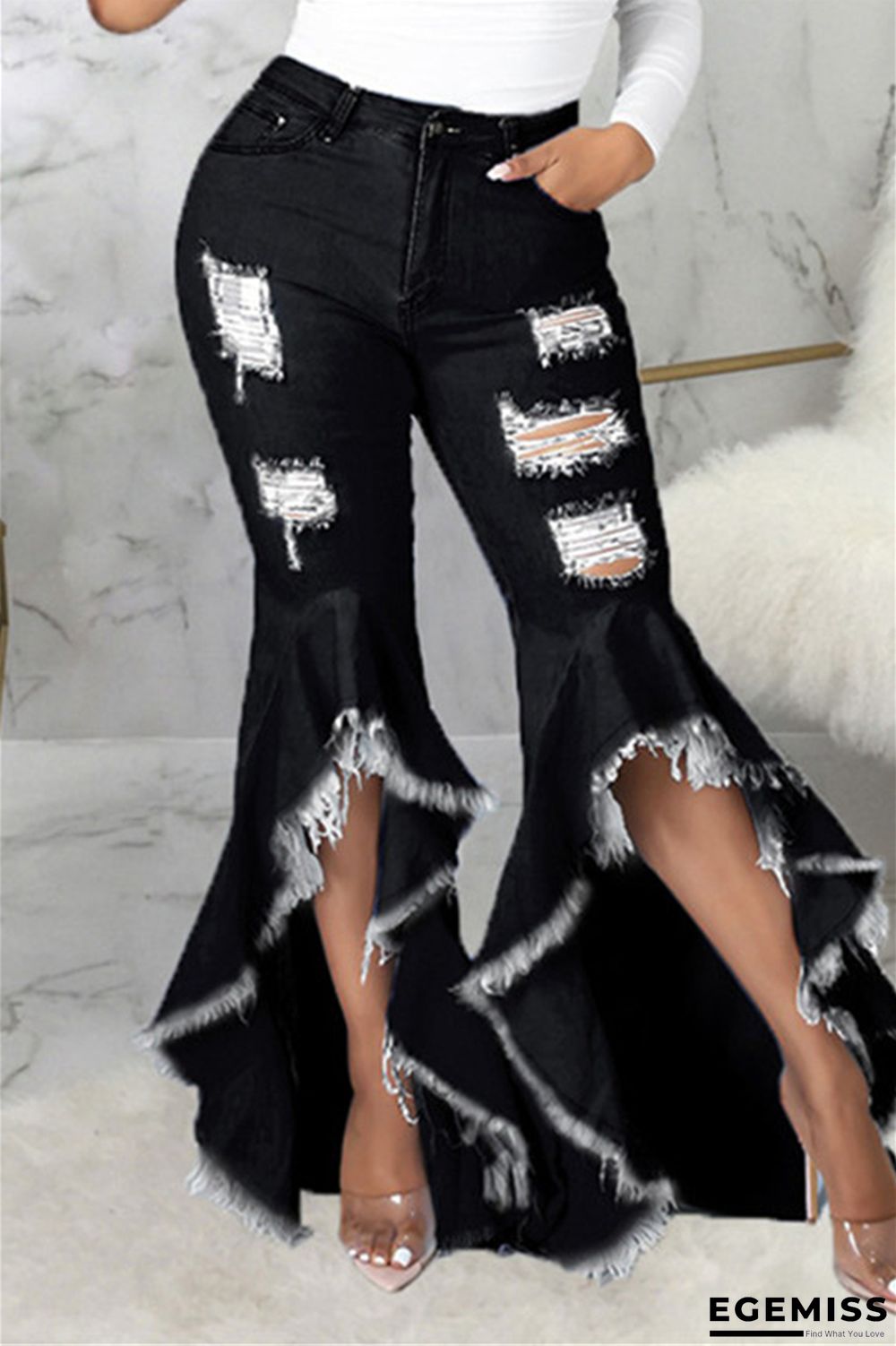 Black Fashion Casual Solid Ripped Asymmetrical High Waist Regular Jeans | EGEMISS