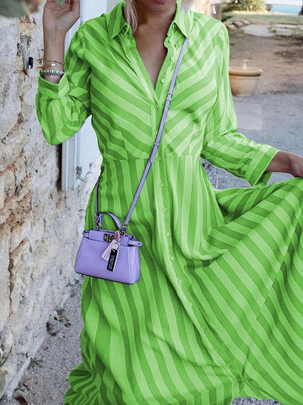 Slim Lace Up Long Sleeve Turn Down Collar Maxi Dress