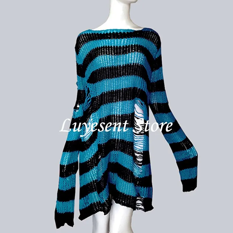 Plus Size Punk Gothic Long Unisex Sweater Dress Women Man Striped Cool Hollow Out Hole Broken Jumper Loose Rock Thin Sweter 2021