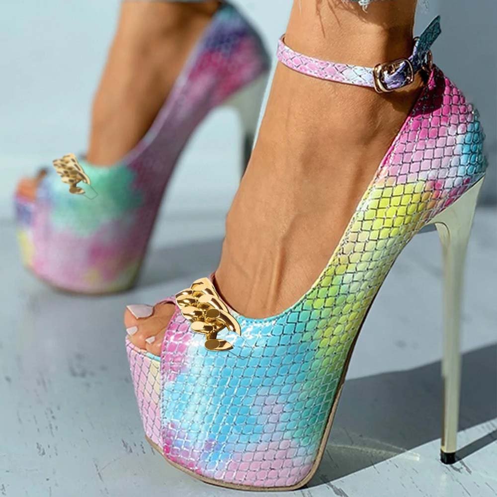 Rainbow Killer Heels With Platform Ankle Strap Pumps For Women Nicepairs