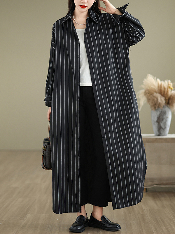 Loose Lapel Color Striped Maxi Dress