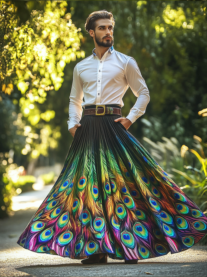 Men's Rainbow Gradient Peacock Feather Pattern Festival Carnival Skirt