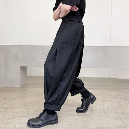 Dawfashion-Pleated Drawstring Low Crotch Cross Trousers Dark Loose Wide-leg Cropped Trousers-Yamamoto Diablo Clothing