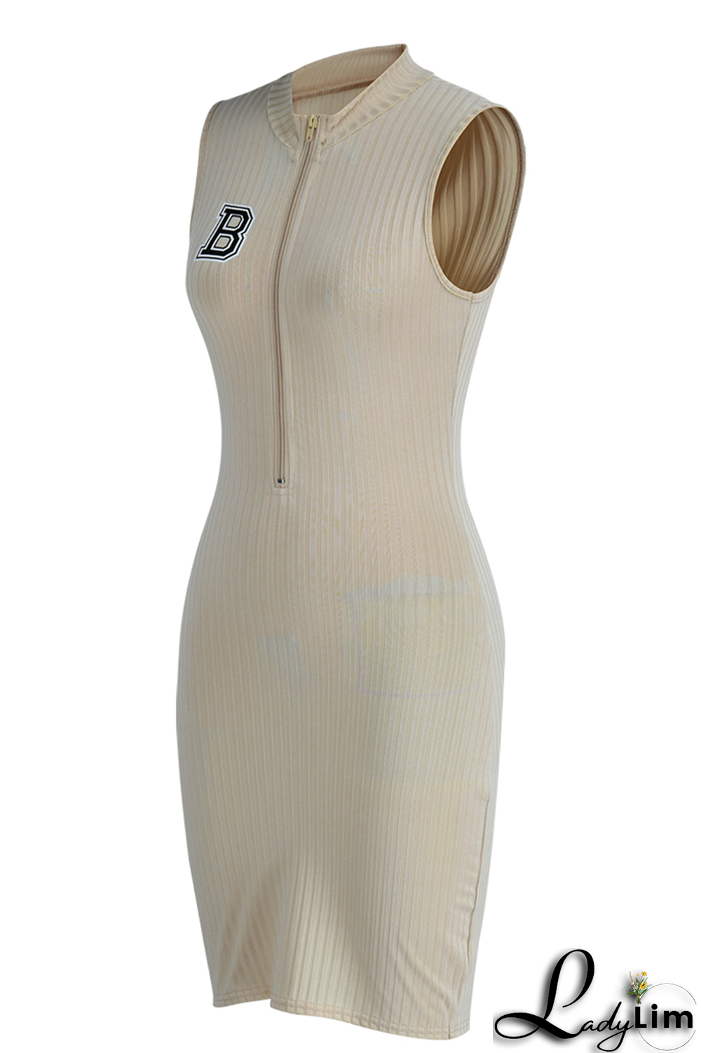 Apricot Fashion Print Patchwork Zipper Collar Pencil Skirt Dresses