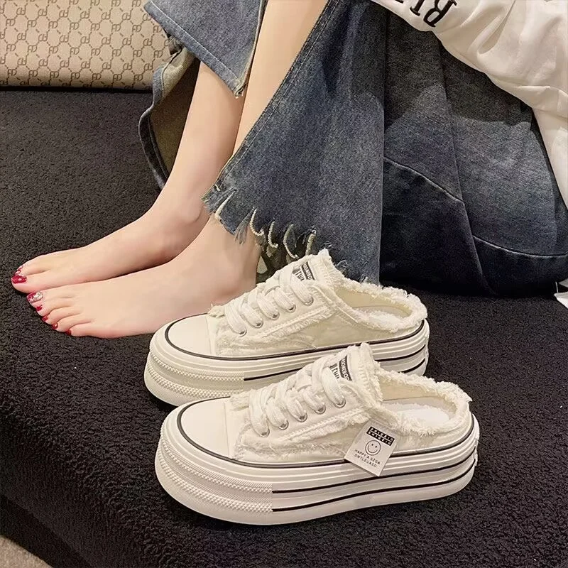 Churchf Churchf Quality Leisure After Empty Slippers Women Wear 2024 Summer New Canvas Shoes Thick Sole Half Mop Cake Women's Slippers