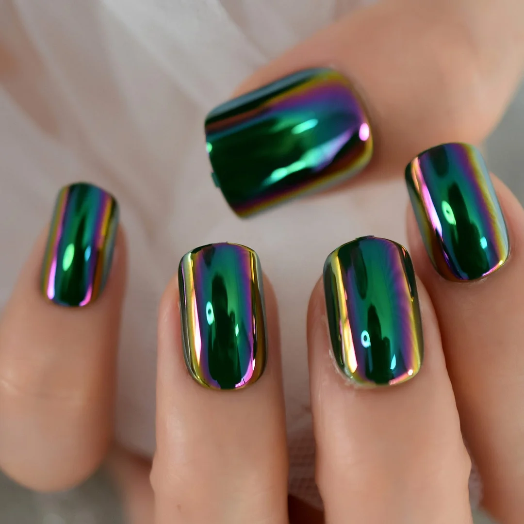Chrome Fake Nails Press On Square Nails Full Cover Fingernails Green Electroplate Design Short Style With Glue Sticker Manicure-Nail Inspo